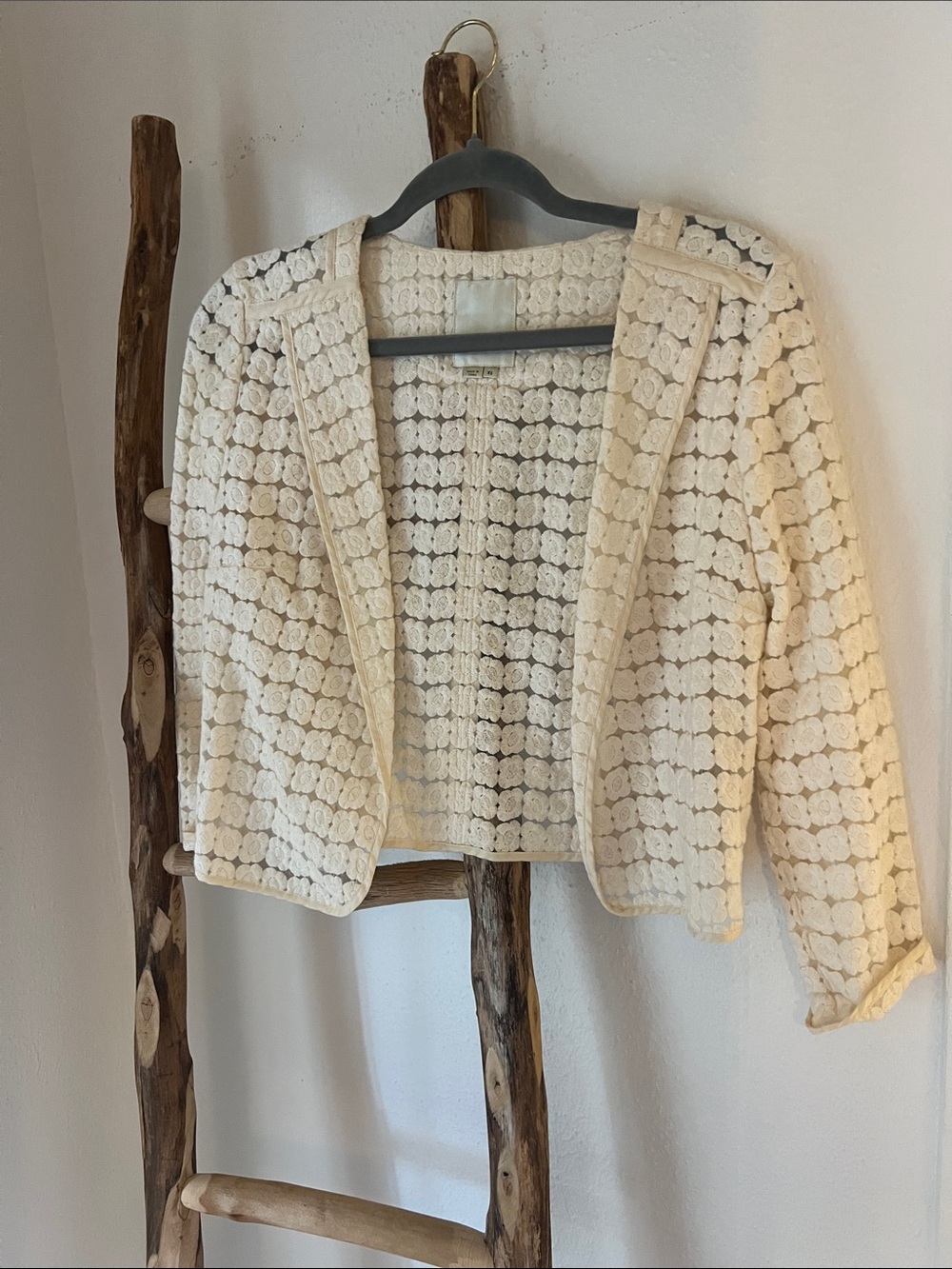 elevenses Cream Ivory Embroidered Lace Cropped Open Jacket Romantic Feminine XS